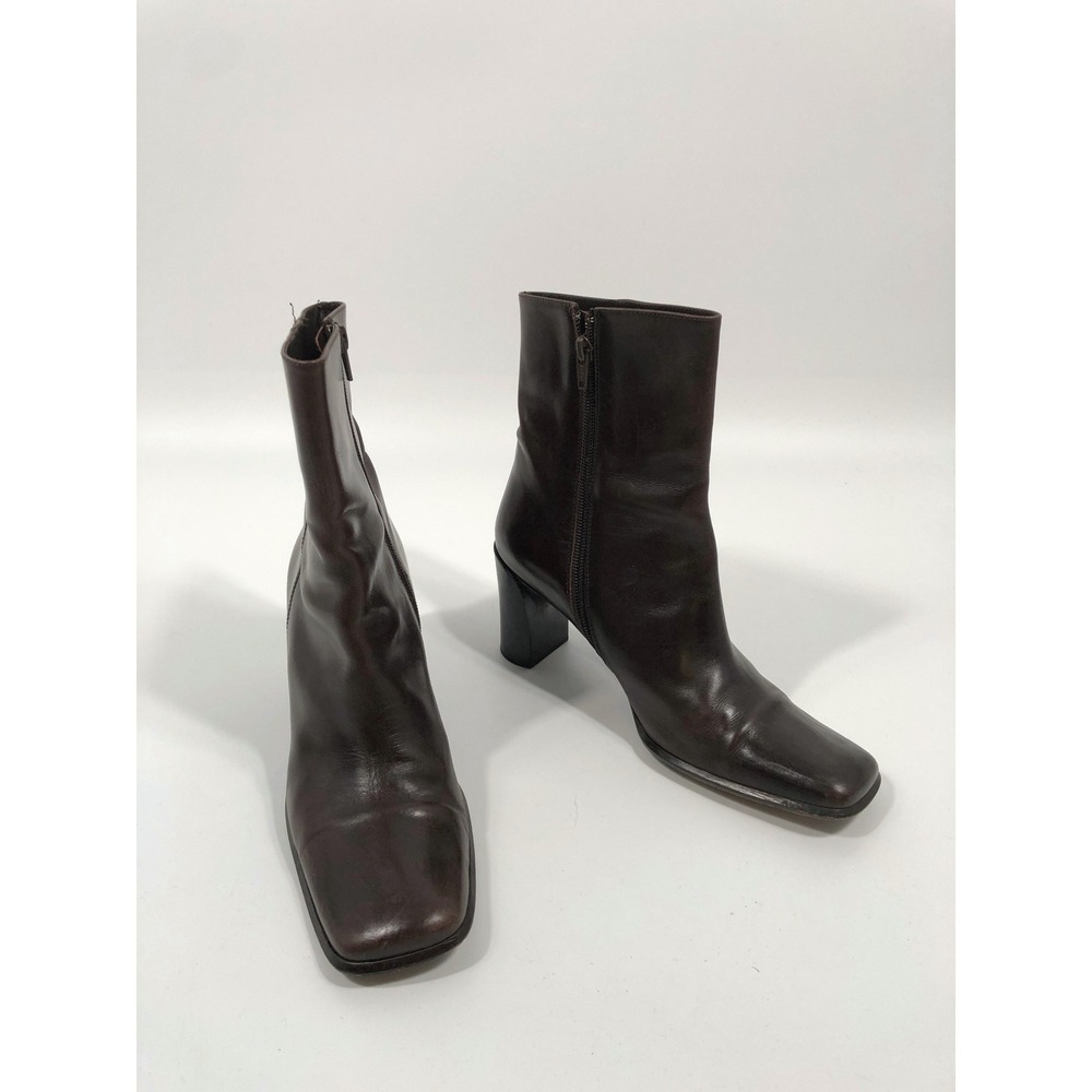Womens Leather Ankle Boots 9M Chocolate Brown Square Toe 90s Minimalist Chic